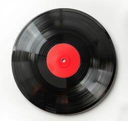 Fototapeta premium Black Vinyl Record With Red Label on White Background