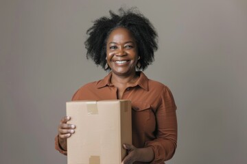 Portrait of a happy afro-american woman in her 40s holding a box isolated on soft gray background