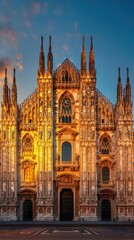 Fototapeta premium An intricate Gothic cathedral with towering spires and detailed stone carvings, illuminated by the soft glow of the setting sun