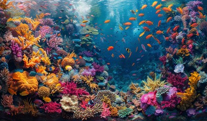 Colorful Fish Swimming Through Vibrant Coral Reef in Clear Tropical Ocean Water