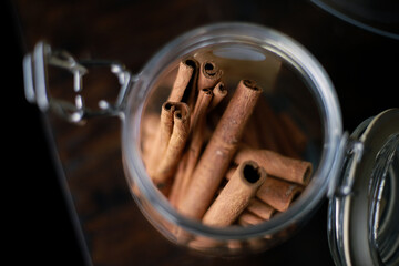 cinnamon herb aroma and taste. Store it in a glass jar. Cinnamon is a spice. Has health benefits