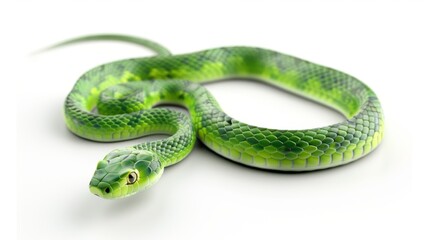 Fototapeta premium Vibrant Green Snake on White Background, Generative AI