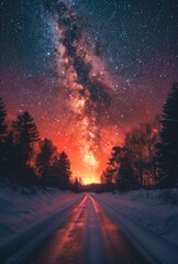 Naklejka premium Snowy Forest Road Under Milky Way at Sunset