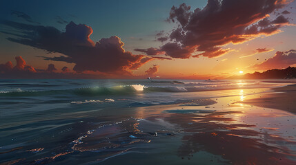 Obraz premium a serene beach at sunset with holographic waves washing onto the shore, reflecting the colors of the sky.