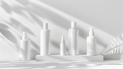 Obraz premium Set of white cosmetic bottles on light background for healthy cosmetology and spa treatment concept