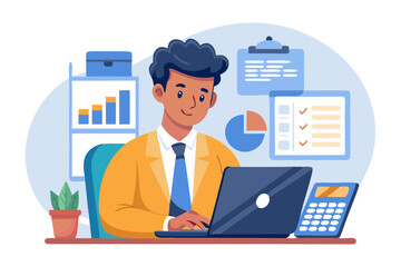 Serious and focused young Indian man working in the office on a laptop with data and accounting holding a calculator in his hand modern flat design simple vector illustration isolated transparent