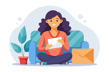 Portrait of a smiling woman holding an open envelope with a letter in her hands sitting on a sofa and smiling at the camera modern flat design simple vector illustration isolated transparent