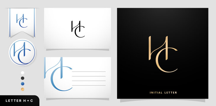 a set of Letter HC logos design template elements isolated white and black with business card for company branding ads campaigns, letterpress, embroidery, covering invitations, envelope signs symbols
