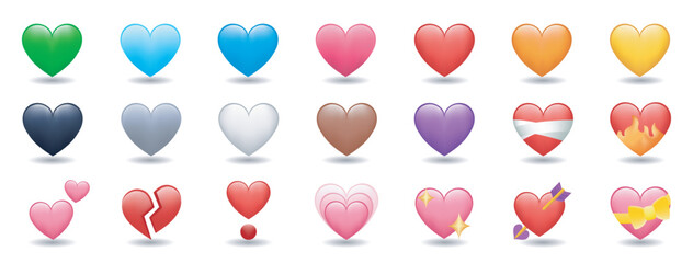 Heart Color Set Icons vector illustrations. Set of Hearts in different colors and types