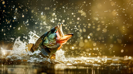 black bass (Micropterus salmoides) jumping from the water in a river - angling and river fishing concept