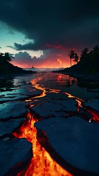 Volcano eruption lava explosion lava rising from ground creating fatality, Volcano destroying landmass with red burning flame fire lava, lava fire on the whole area from underneath underground AI