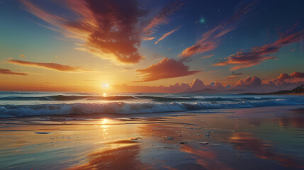 Obraz premium a serene beach at sunset with holographic waves washing onto the shore, reflecting the colors of the sky.