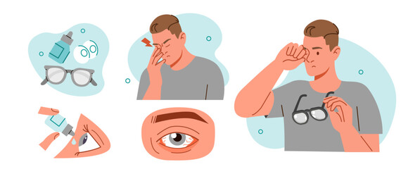 Man suffer from eye pain and rub his tired eyes with hand. Conjunctivitis and other ophthalmology diseases symptoms. Vector illustration.