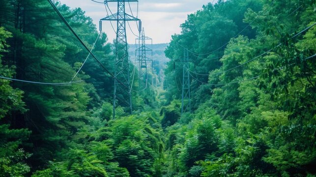 A view of power lines cutting through a dense, green forest, with a hazy sky above. The power lines are visible in the foreground, with the trees obscuring the rest of the landscape. - Powered by Adobe