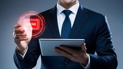 Businessman in a suit holding a tablet with a glowing bank hologram, futuristic background,Business Planning through Online Banking Technology. Analyzing Financial Data and Formulating Strategy.