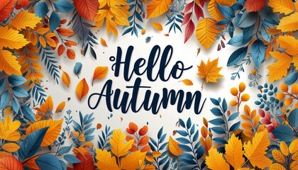 Words Hello Autumn from a colorful leaves on white background