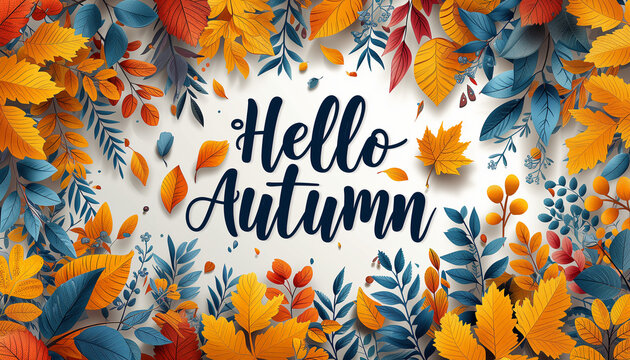 Words Hello Autumn from a colorful leaves on white background