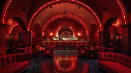 An upscale lounge or club, A dark red bar in the middle of an arch, red velvet sofa and chairs around it, warm lighting. Generative AI.