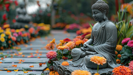 Peaceful meditation garden with a Buddha statue and colorful flowers, perfect for serene and spiritual themes. Generative AI.