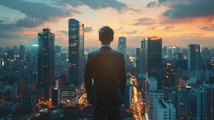 Plakat Back view business man executive standing in modern big city looking and dreaming of future business, success business mission ambition and vision concept with futuristic. Generative AI.