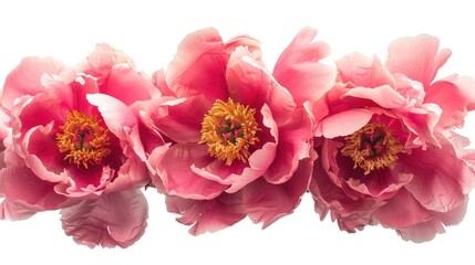 Peonies flowers arranged on a white isolated background with clipping path Close up view showcasing nature