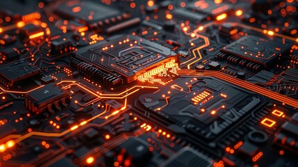 Obraz premium Cybernetic circuit with glowing elements and futuristic design, set against a dark, high-tech background