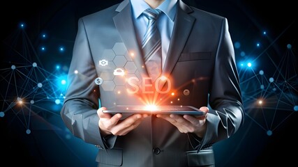 SEO:Businessman in a suit holding a tablet with a glowing red SEO hologram,SEO icon with Technological Icons. Optimization Strategies and Data Analysis