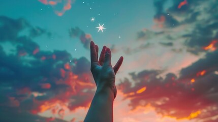 A hand reaching up to catch a falling star in a twilight sky, with a sense of wonder and possibility
