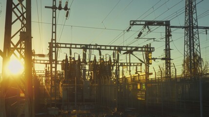 A silhouette of an electrical power station at sunset. The sun shines brightly behind the complex, casting long shadows across the metal structures and wires.