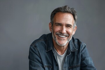 Obraz premium Portrait of a cheerful caucasian man in his 50s smiling at the camera in soft gray background