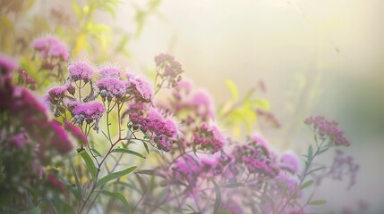 Obraz premium Cluster of perennial flowers, close view, misty morning, soft focus, vibrant hues, peaceful setting 