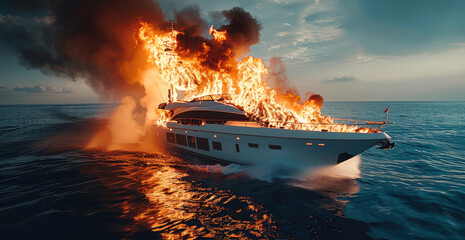 A white yacht was on fire, with black smoke billowing from the top as flames engulfed it in red and...