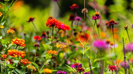 Colorful blooms in butterfly garden, close view, midday brightness, vivid colors, sharp focus, inviting 