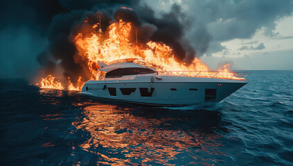 A white yacht was on fire, with black smoke billowing from the top as flames engulfed it in red and...