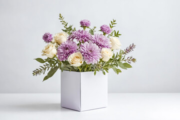 Fototapeta premium White Roses and Purple Flowers in a White Box