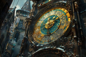 Fototapeta premium Close-up of an ornate astronomical clock with golden and blue details, set against a historic building.