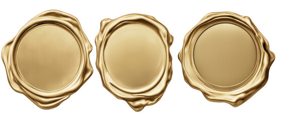 Three elegant golden wax seals, ideal for vintage documents, invitations, and certificates, on isolated with transparent concept