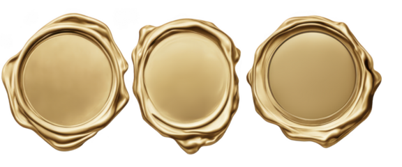 Three elegant golden wax seals, ideal for vintage documents, invitations, and certificates, on isolated with transparent concept
