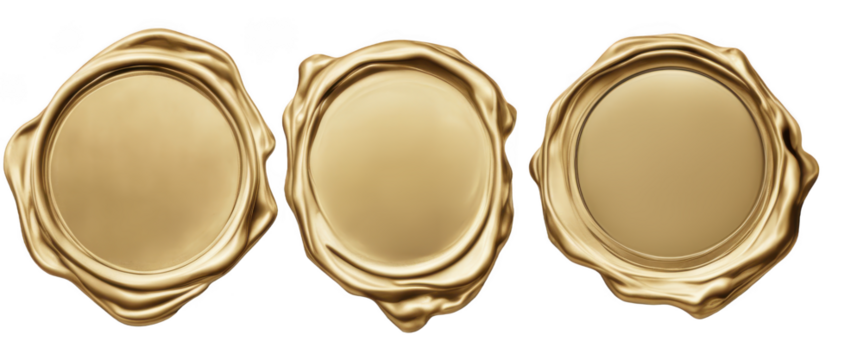 Three elegant golden wax seals, ideal for vintage documents, invitations, and certificates, on isolated with transparent concept
