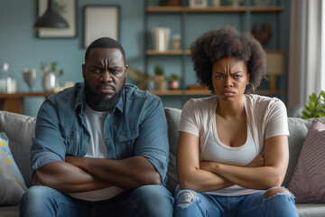 A couple sits on a couch in their living room, both looking upset and with their arms crossed
