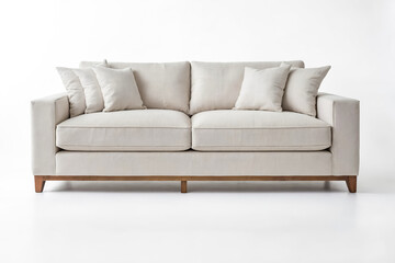 Fototapeta premium Modern Beige Sofa with Wooden Legs on White Background