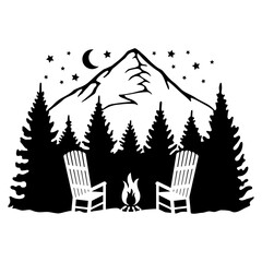 Camping Chairs in Forest and Mountain SVG, Hand Drawn Vector Illustration 