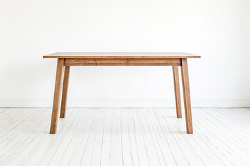 Wooden table on white floor in a minimalist room