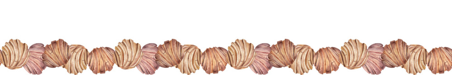 Watercolor banner with concha bread. Seamless pattern for your design. Spanish or mexican snack on panoramic background. Sweet dessert. Hand-drawn illustration isolated on transparen.