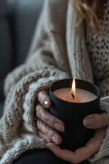 A person holding and enjoying the black candle in their hands, wearing cozy . The focus is on her hand gently cradling the candle with its dark matte surface. 