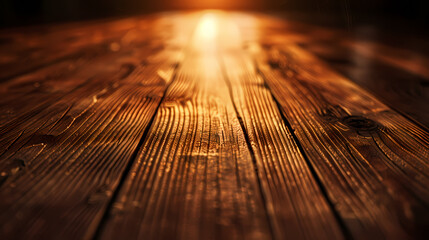 The sunlight shines through the wooden table, casting a warm light on the surface