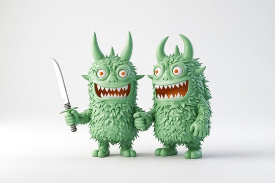 3D Rendered Cute Green Monsters Holding a Knife - Powered by Adobe
