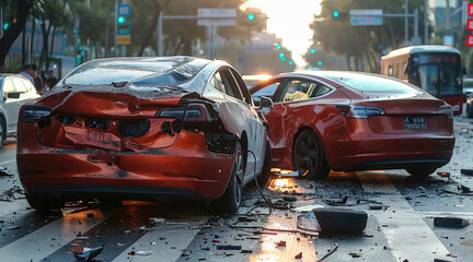 A electric cars after an accident, real life aspect. Generative AI.