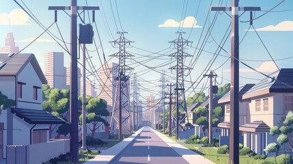 A cartoon illustration of a suburban street lined with houses and power lines stretching into the distance. The scene is set on a sunny day with a clear blue sky.