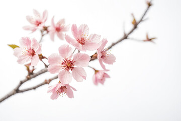 Obraz premium Delicate Pink Cherry Blossom Branch Against a White Background